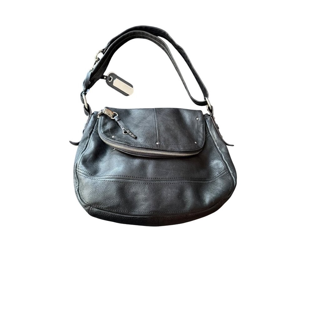 B. Makowsky Black Leather Shoulder Slouchy Hobo Bag Zipper Detail & Metal Hardwa